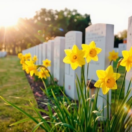Yellow daffodils beside headstones in morning sunlight.